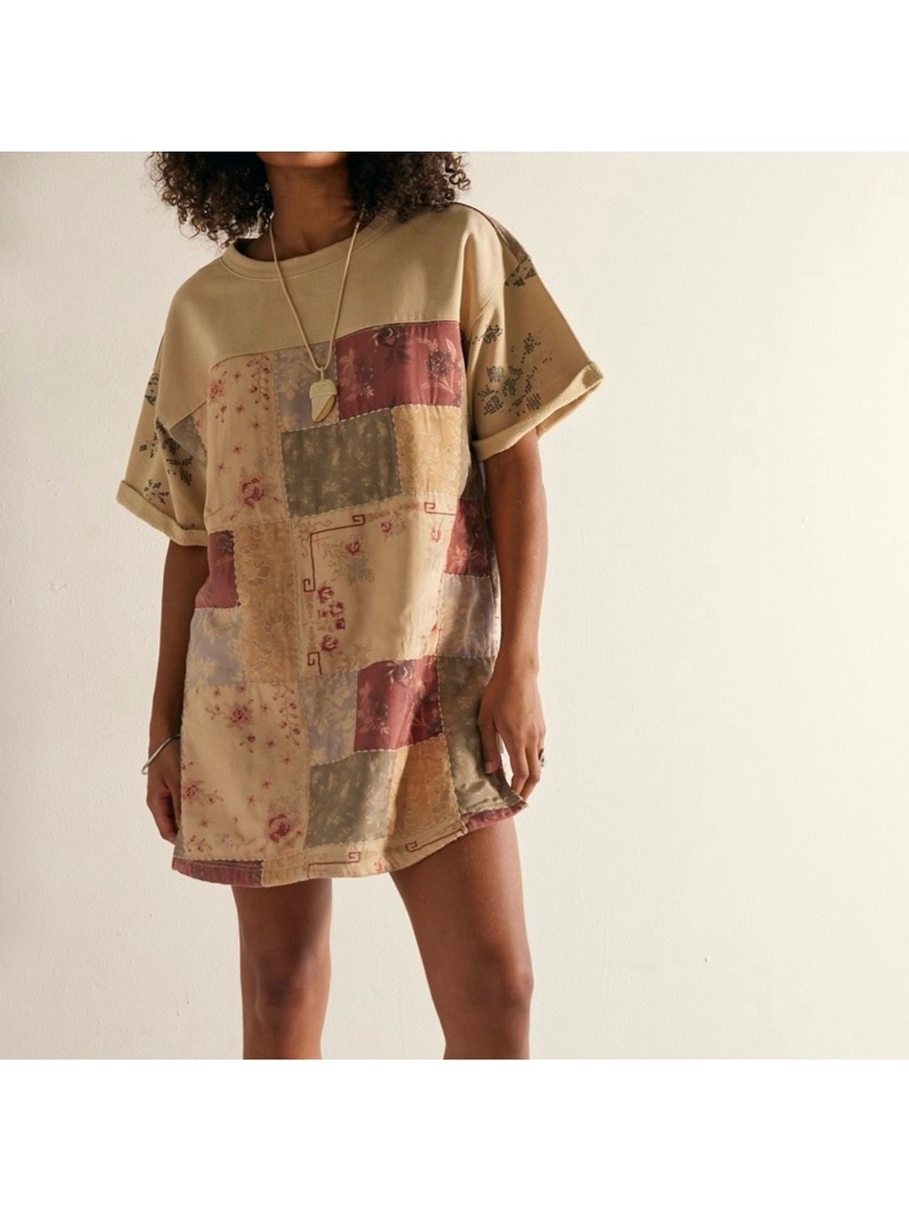 Free People Lover Quilted Sweatshirt Unique Cotton Mini Dress Patchwork Boho